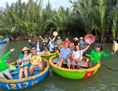 Guests enjoying a basket boat ride through the water coconut village in Hoi An